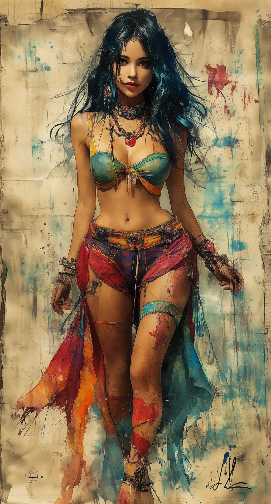Celestia Yunhua, a Dunhuang goddess, depicted in vibrant traditional and artistic nude images in Chinese watercolor style.