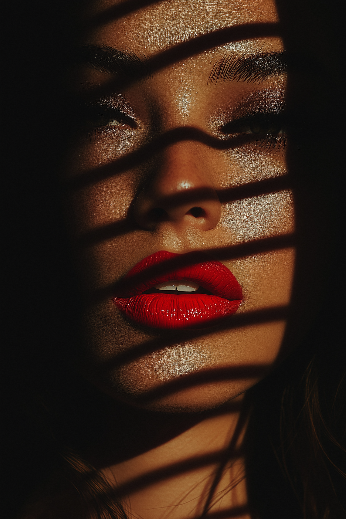 Woman with red lips, soft lighting, dark backdrop, classic beauty style