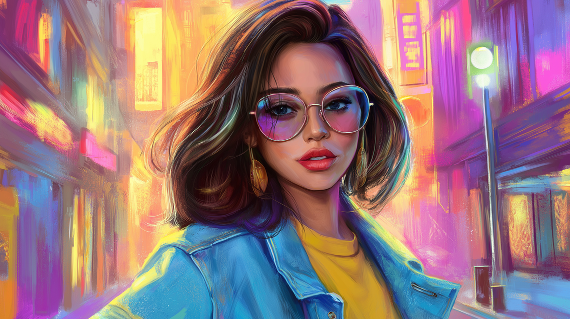 Vibrant, colorful digital portrait of a smiling woman created in Photoshop.