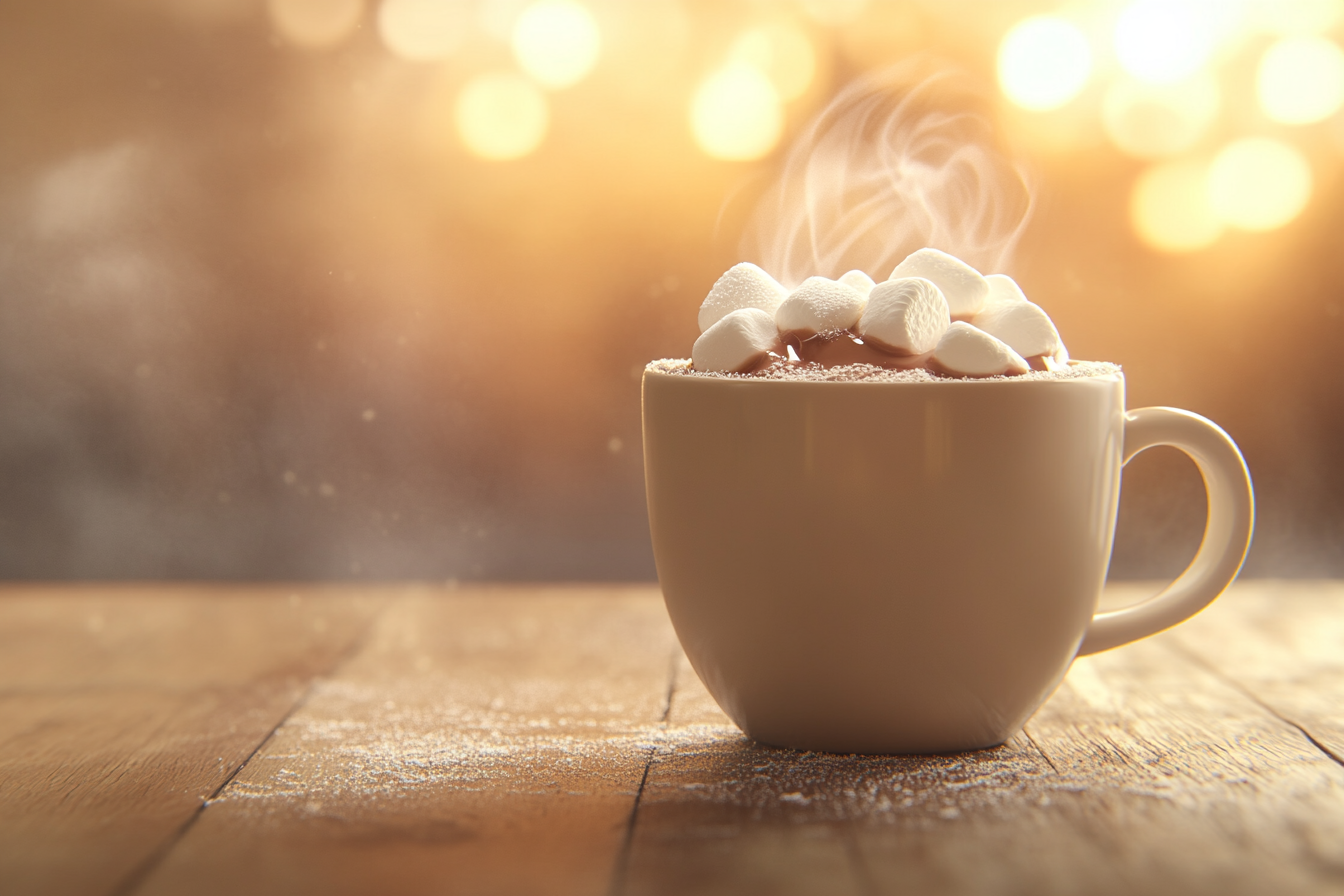 A richly detailed mug of hot chocolate topped with melting marshmallows, radiating warmth and comfort.