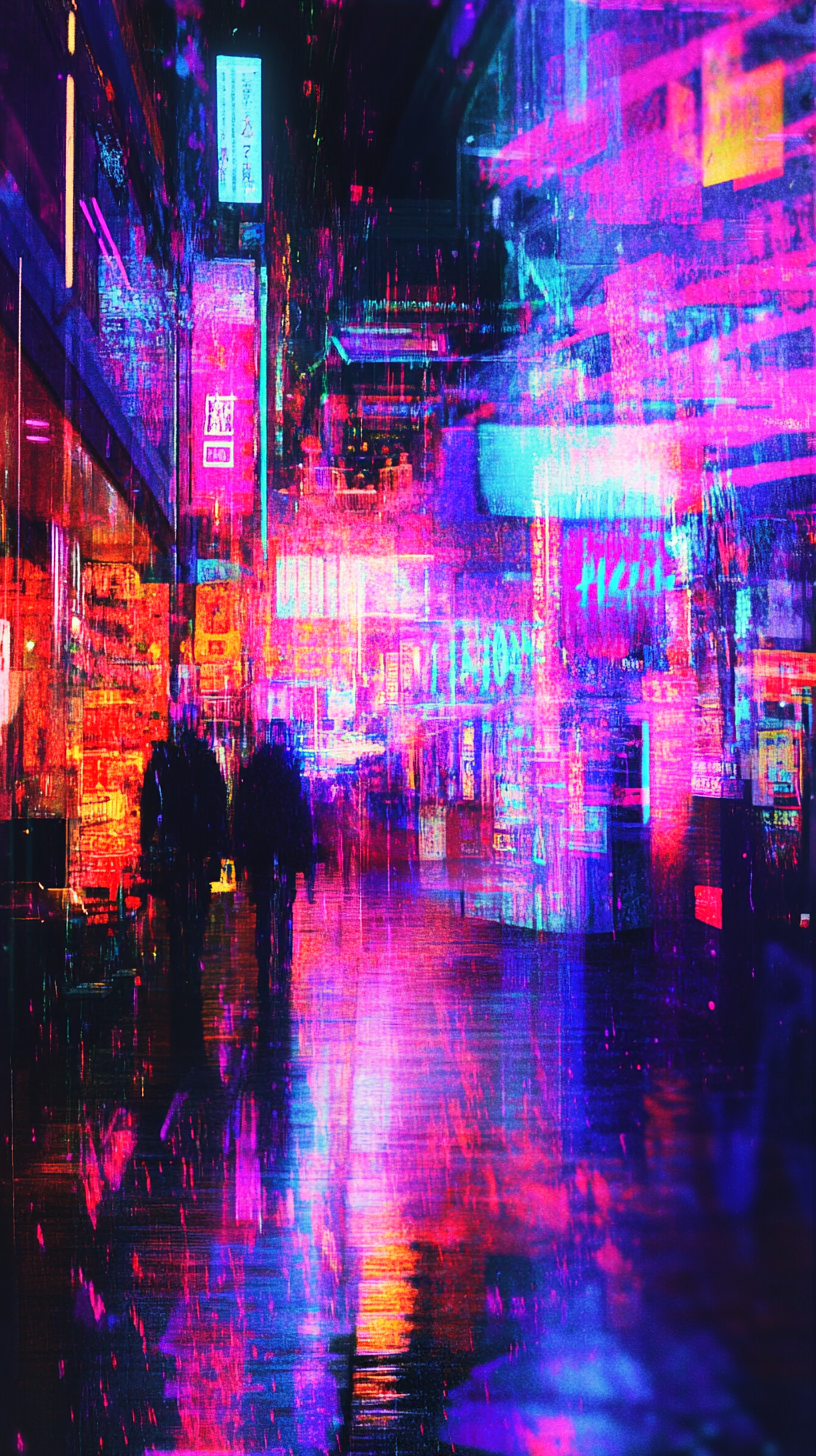 Cyborg military ghost in a surreal, neon-lit cyberpunk bar, surrounded by glitchy textures and flickering lights