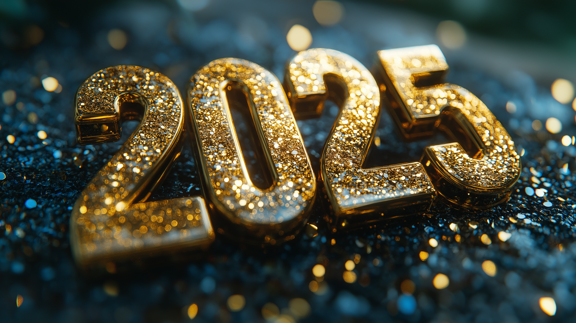 3D "2025" made of glossy black and gold materials with glitter, crystal, and beads, and black sequin background.