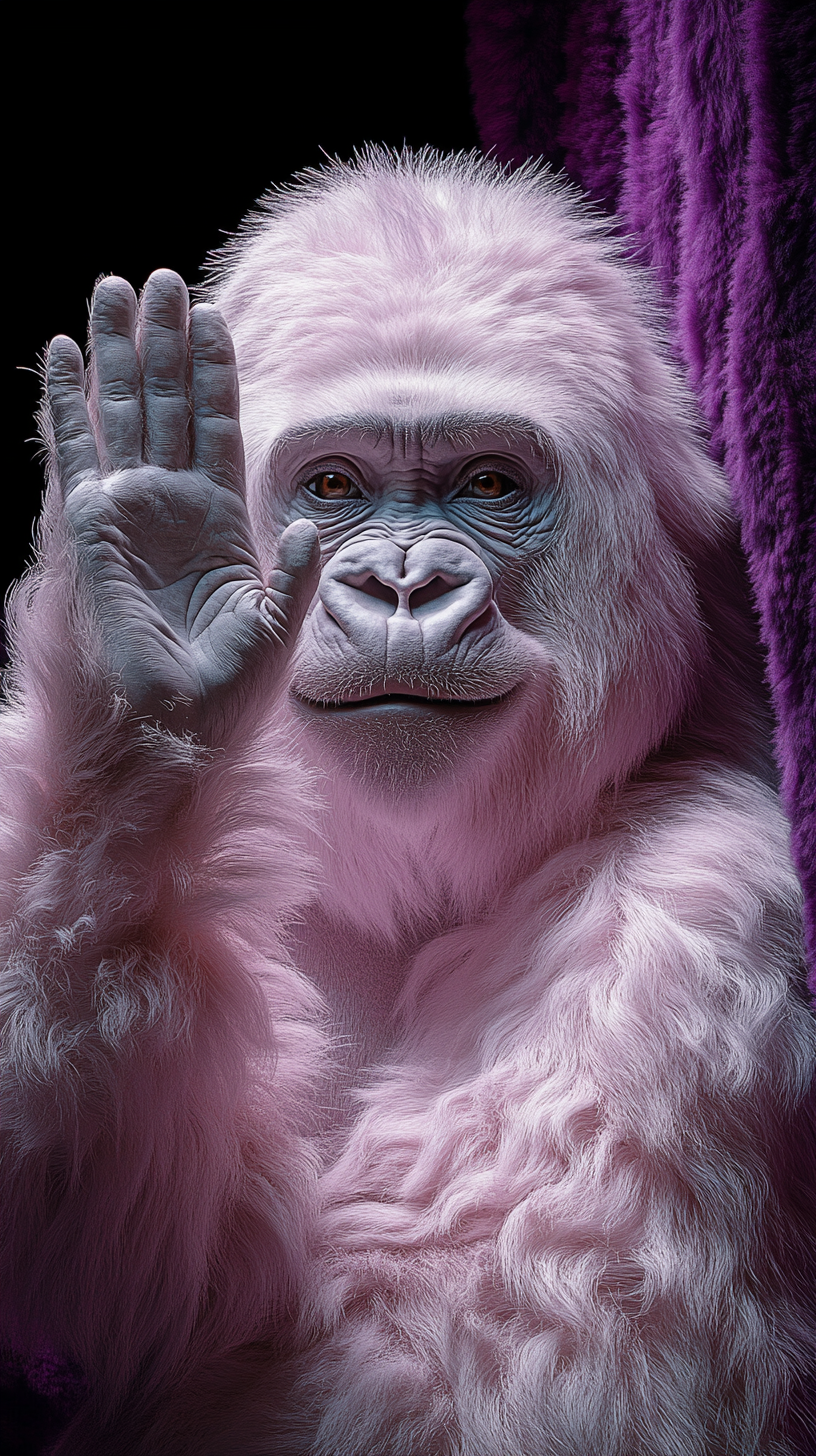 Photorealistic white gorilla waving hello with a gentle smile against a violet background