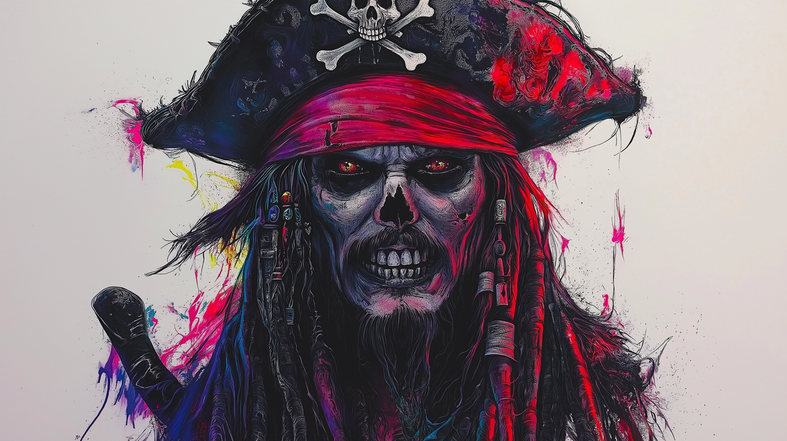 Detailed tattoo art of zombie pirate Jack Sparrow, black and gray shading, vibrant color, skull and crossbones on hat