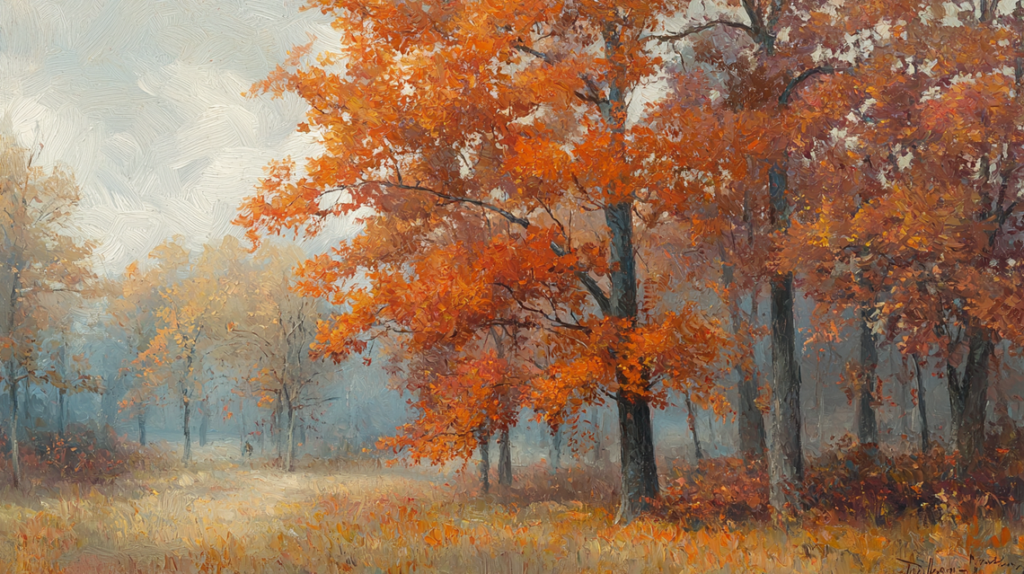 Oil painting of trees in a misty autumn scene with muted colors