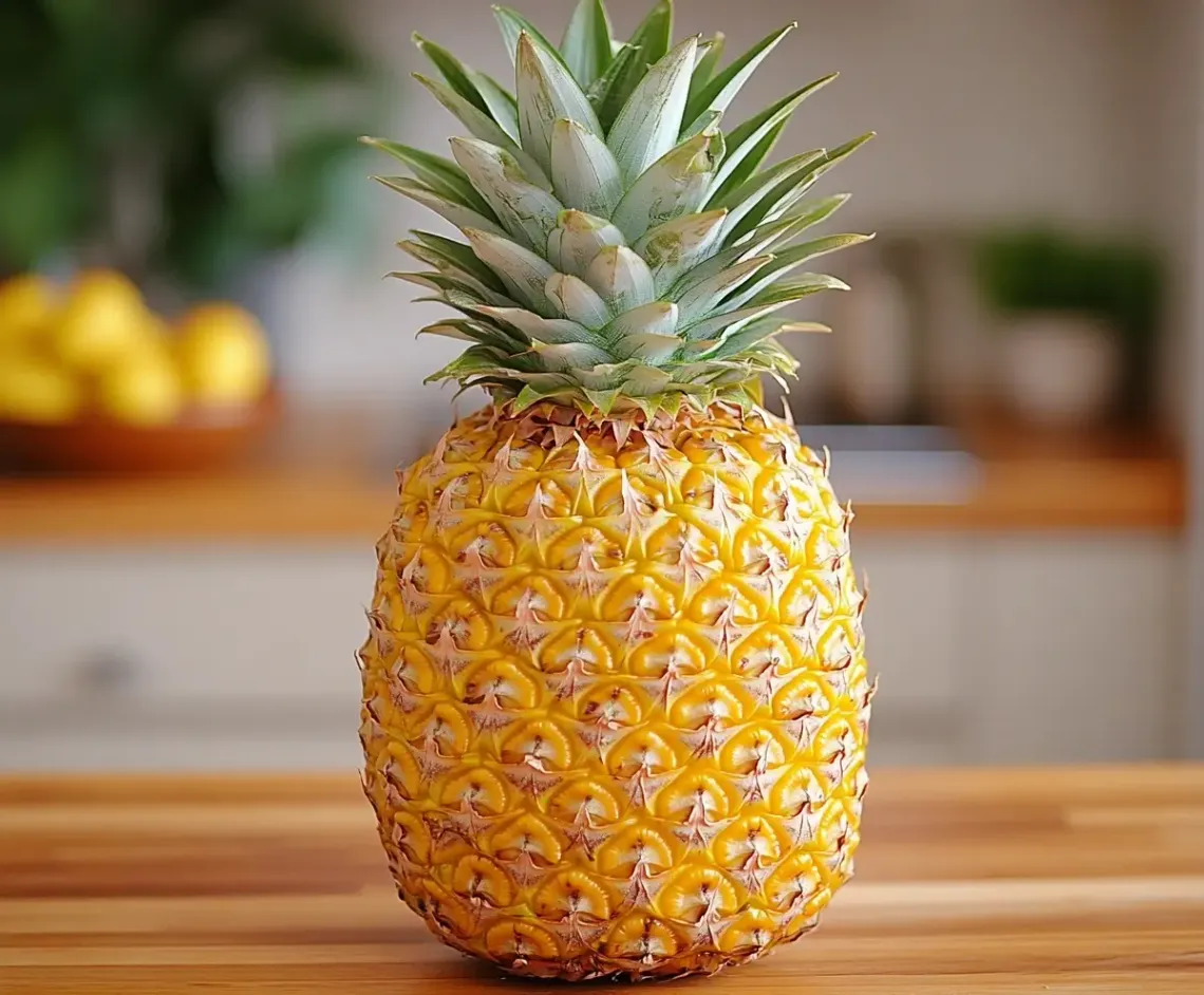 Vibrant pineapple on a rustic wooden table, symbolizing health and vitality in a tranquil setting.