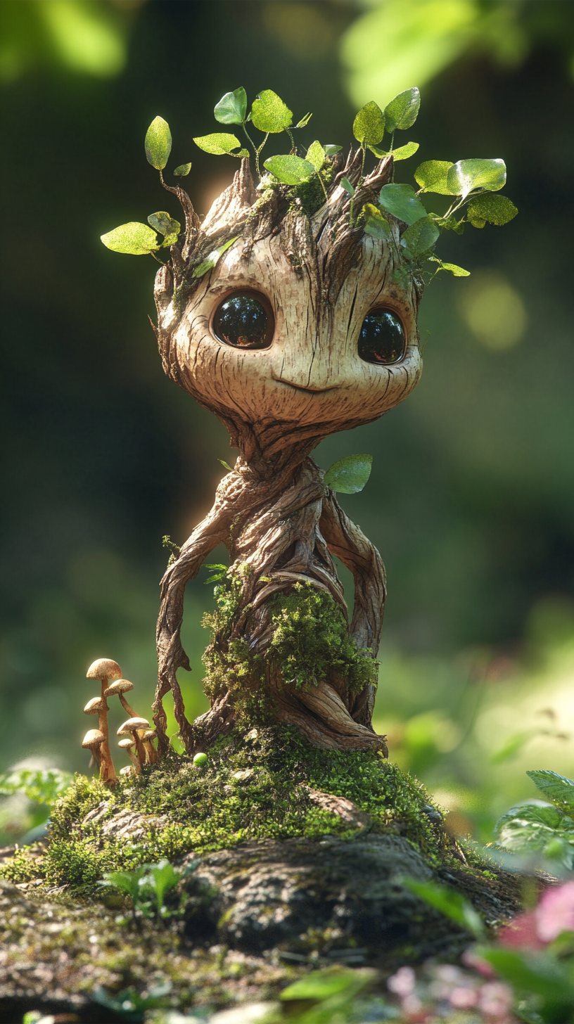 Highly detailed young Ent sapling with smooth bark, budding branches, and curious eyes, surrounded by wildflowers