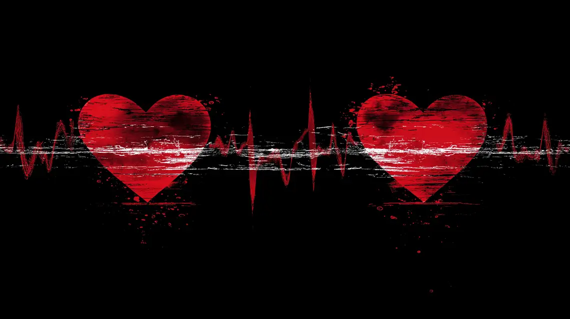 Two red hearts joined by a heartbeat line against a dark background.
