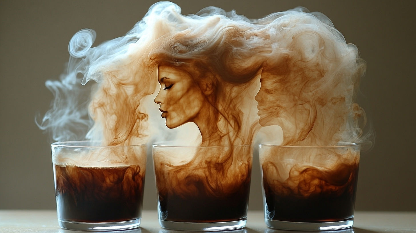 Three steaming coffee cups with thick smoke forming a woman’s silhouette against a brown background.