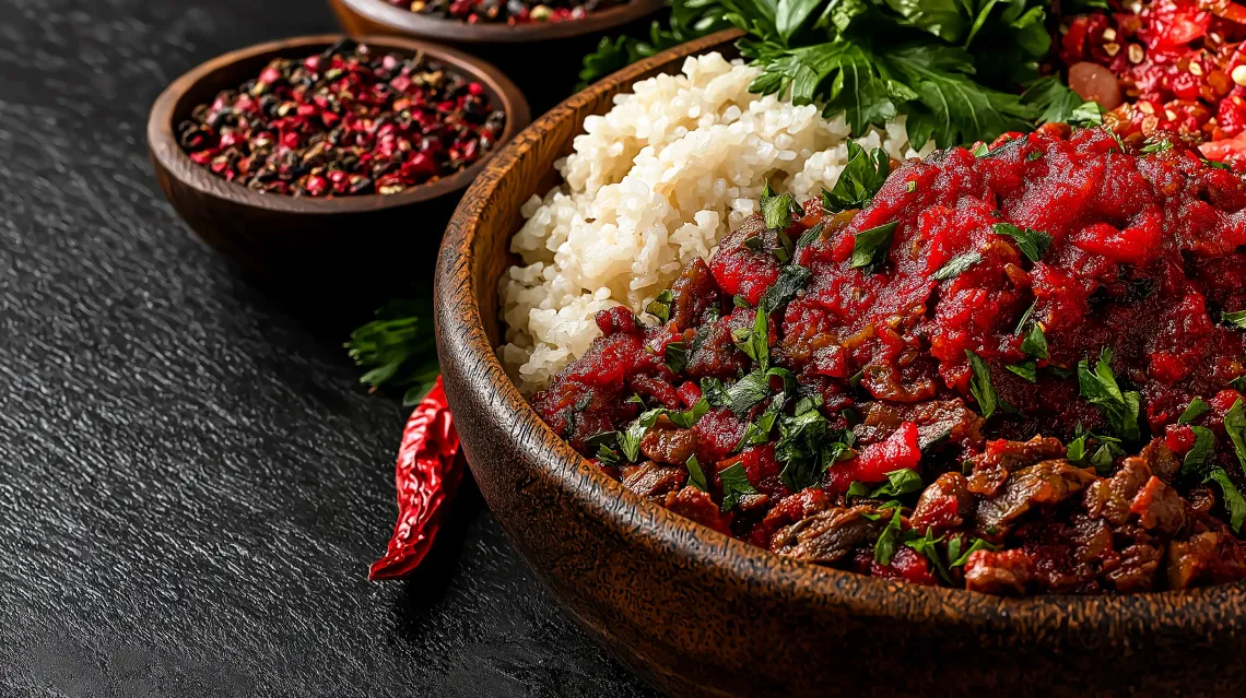 A bowl of steamed rice topped with colorful vegetables, pieces of meat, and spicy chili sauce.