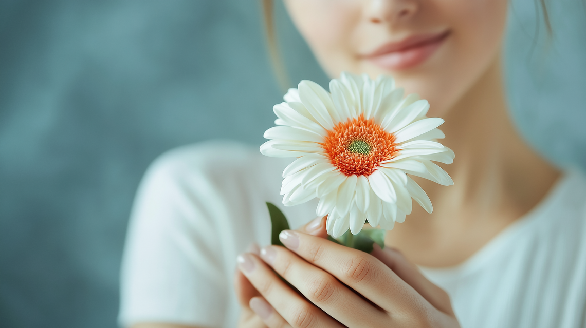 Woman holding a flower against a plain, isolated background.