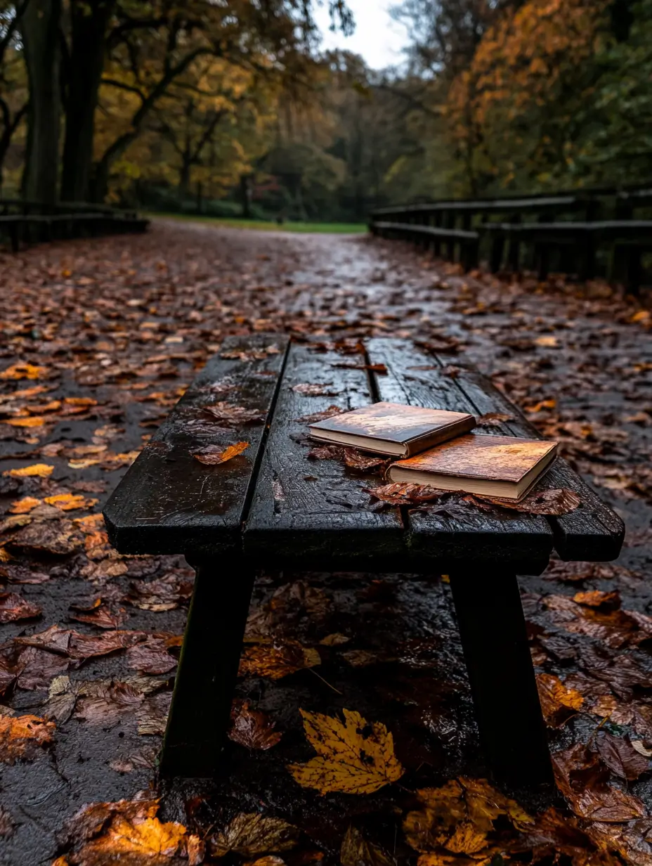 Two books on a weathered wooden bench in a serene, lush green park, suggesting a peaceful reading spot.