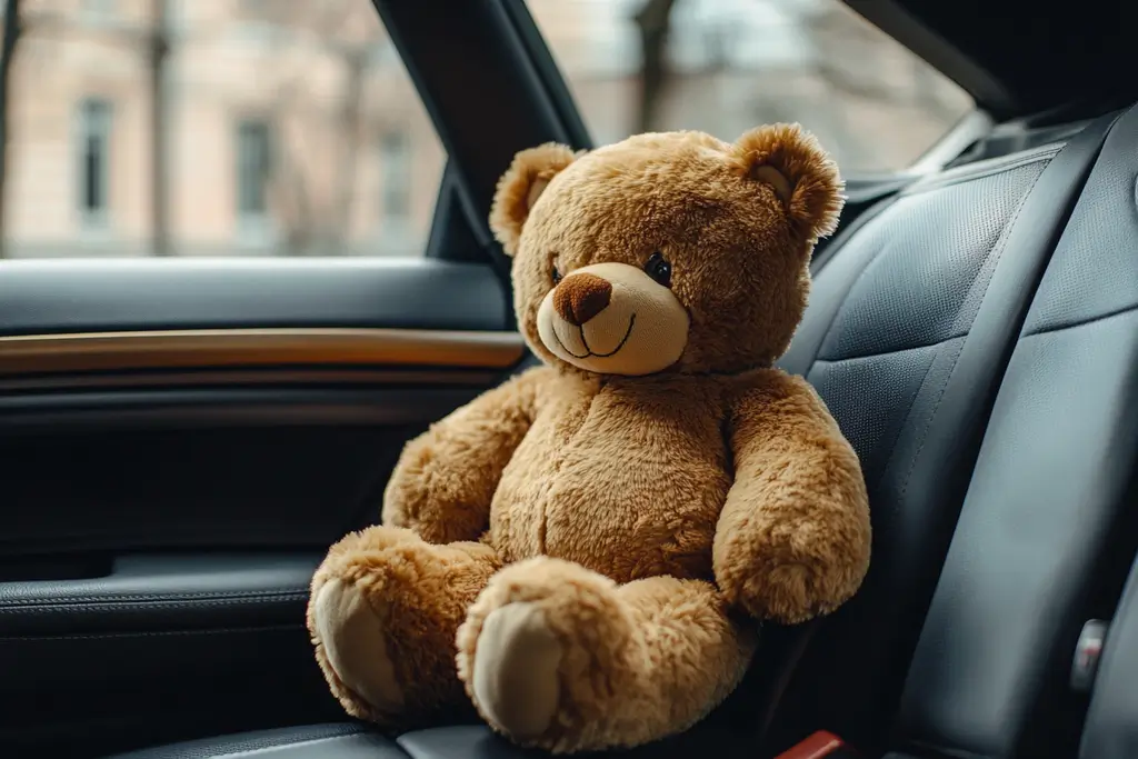 A brown teddy bear plush toy sitting in the car.