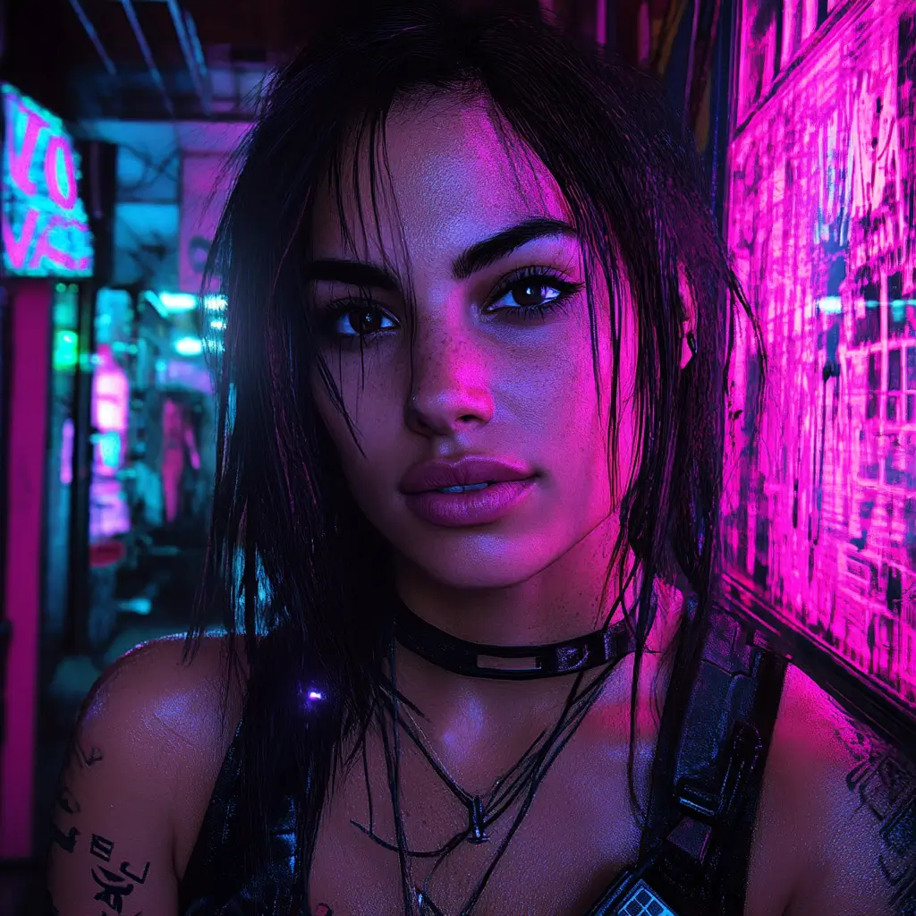 Young woman focusing on taking photos in a dimly lit room filled with colorful neon lights.