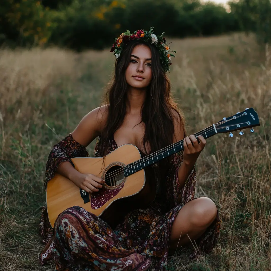 Woman sitting in a lush green field, playing a guitar, enjoying solitude and creativity.