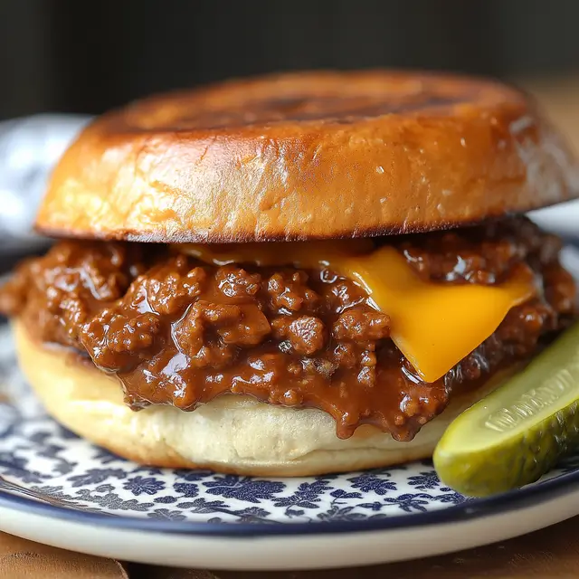 Close-up of a toasted bun filled with ingredients.