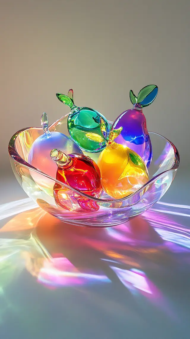Translucent glass fruits on display.