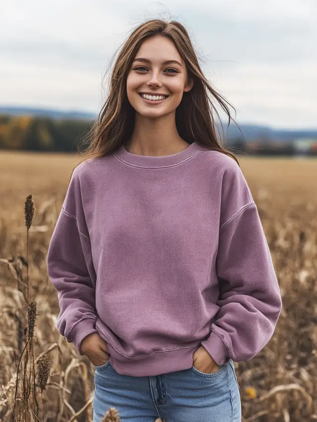 Woman wearing an acid-washed mauve colored crewneck in a farm setting.