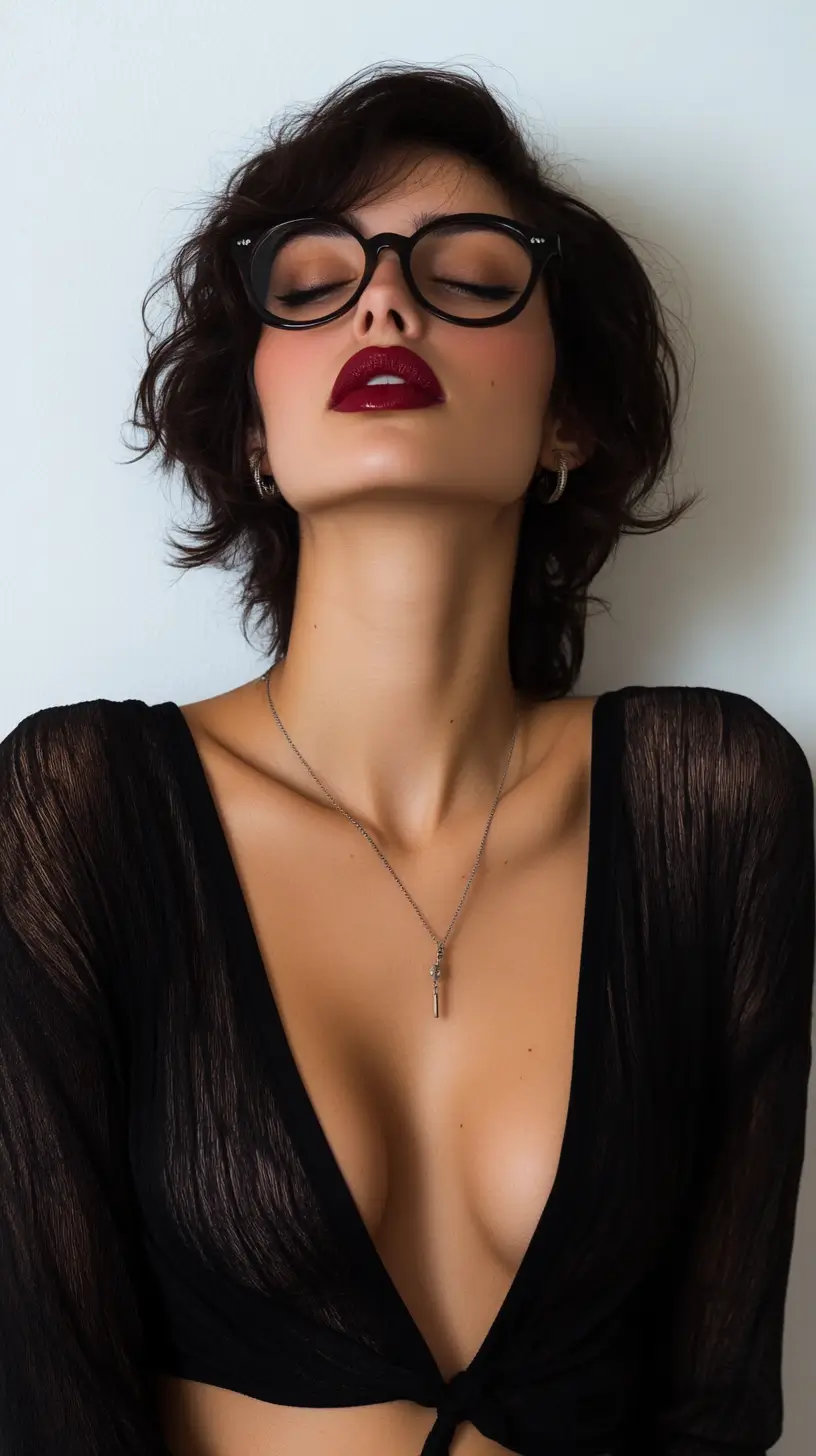Fashionable woman wearing stylish glasses and an elegant necklace, radiating confidence and sophistication.