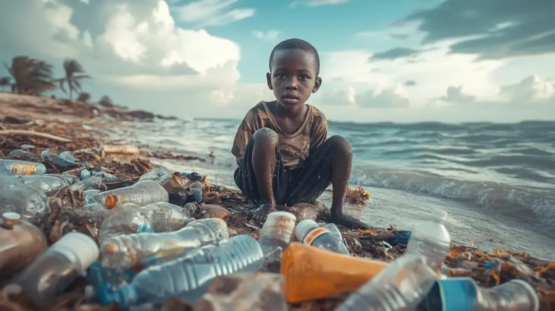Young boy sitting on a polluted beach with numerous plastic bottles signifying environmental concerns.