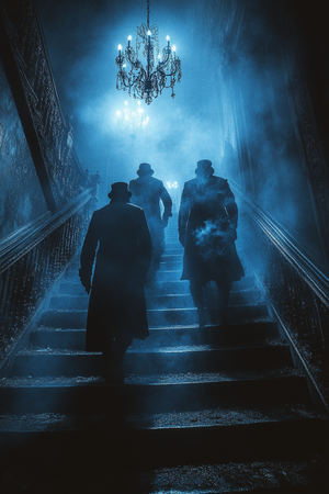 Dimly Lit Gothic Hallway with Silhouetted Vintage Figures