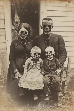 Haunting Vintage Family Portrait with Skull Faces