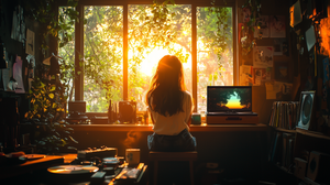 Melancholic Lady by Window in Vintage Room, Anime Lofi Style
