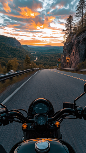 Vintage Motorcycle Ride on Highway at Sunset