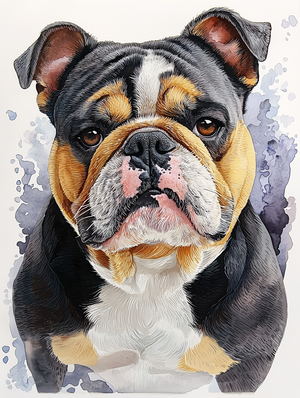 Watercolor Portrait of Muscular English Bulldog with Tri-Colored Fur