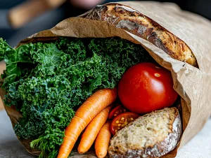 Fresh Vegetables and Bread in a Bag