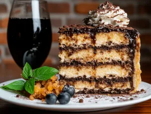 Glass of Wine Next to a Slice of Cake