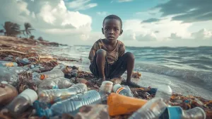 Young Boy Sitting on a Polluted Beach